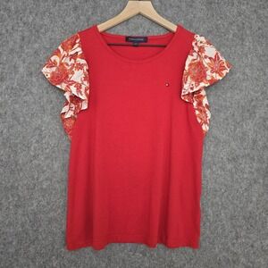 Tommy Hilfiger Shirt Womens L Red Floral Ruffle Flutter Sleeve Crew‎ Neck Top